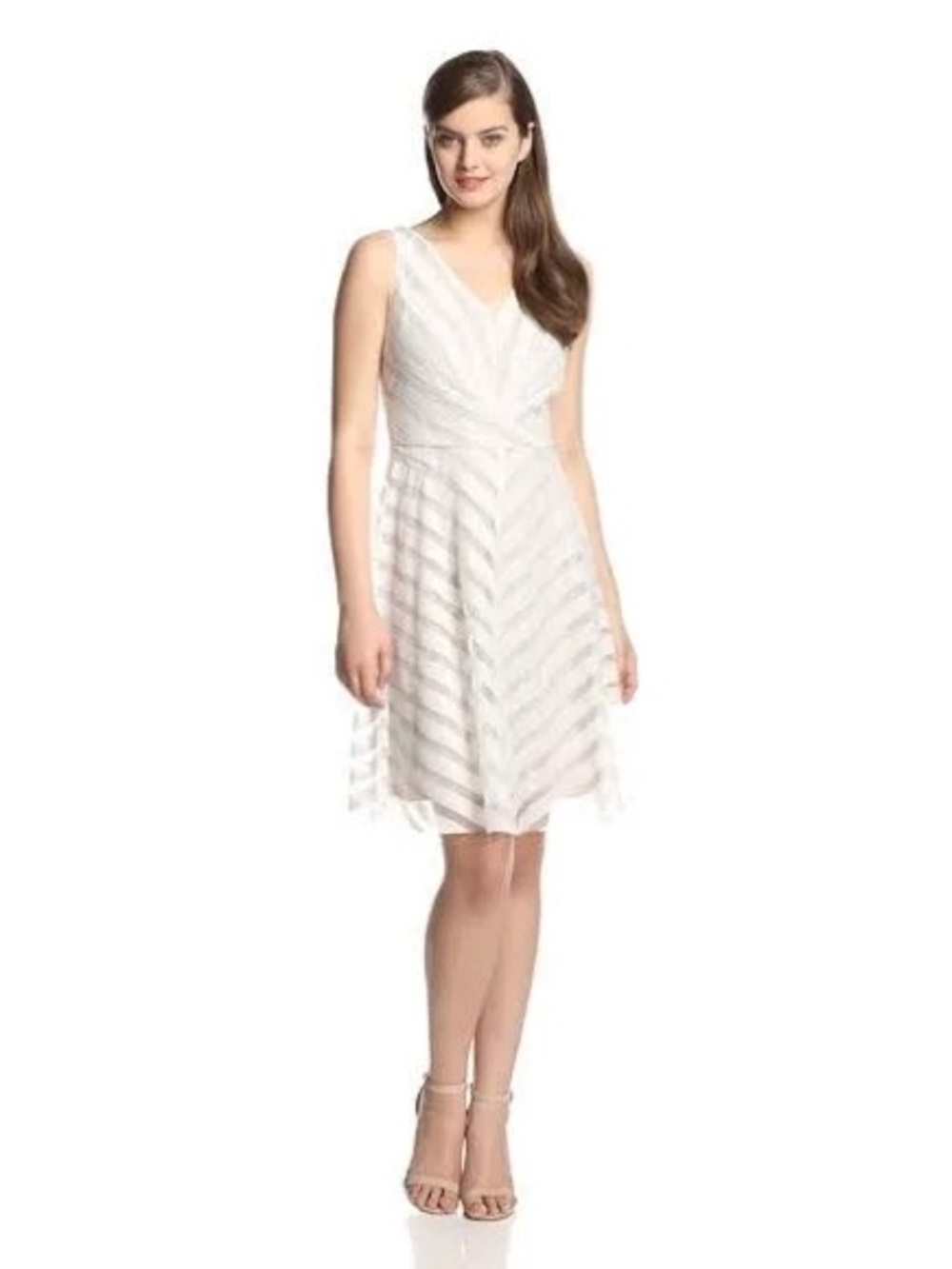 MUSE Lace Stripe White Nude Fit & Flare Lace Overlay Slimming Dress size 14